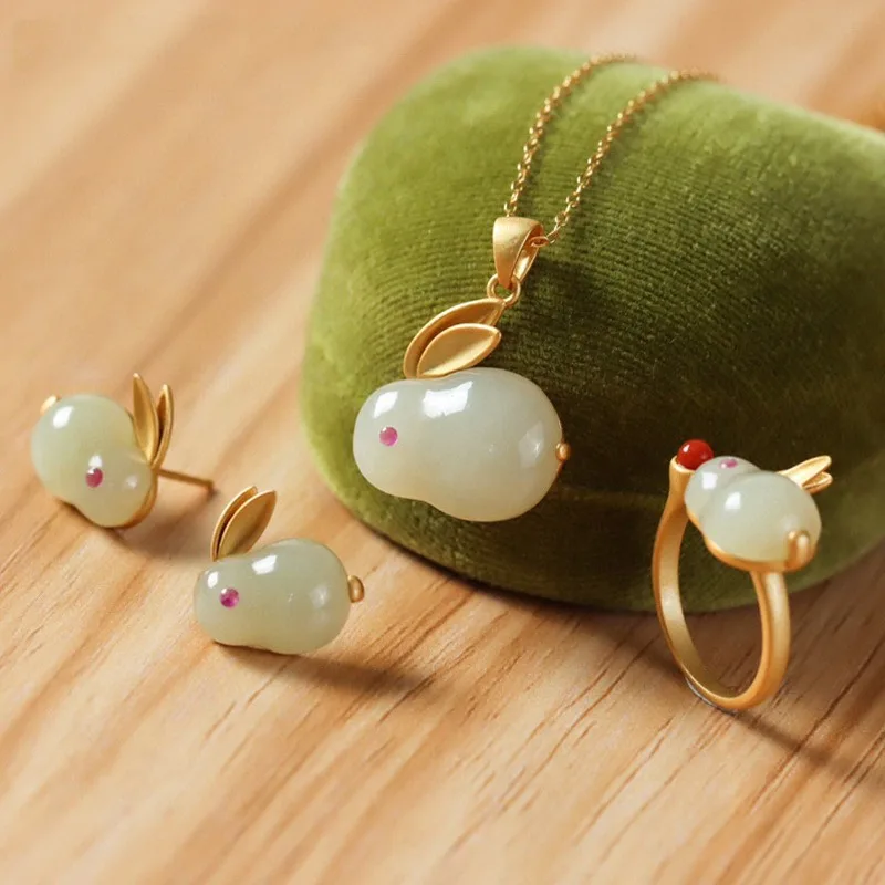 Jade Rabbit Set Imitation Natural Hetian Jade Ring, Ancient Gold Inlaid Chalcedony Rabbit Necklace Cute Rabbit Stud Earr