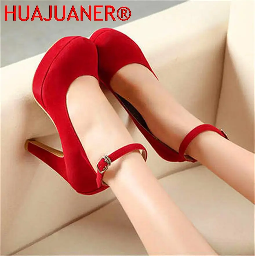 Princess Style Platform Party Shoes 2025 New Korean Fashion Solid Flock Buckle Shallow Women Pumps Ladies Brand High Heels Shoes image 3