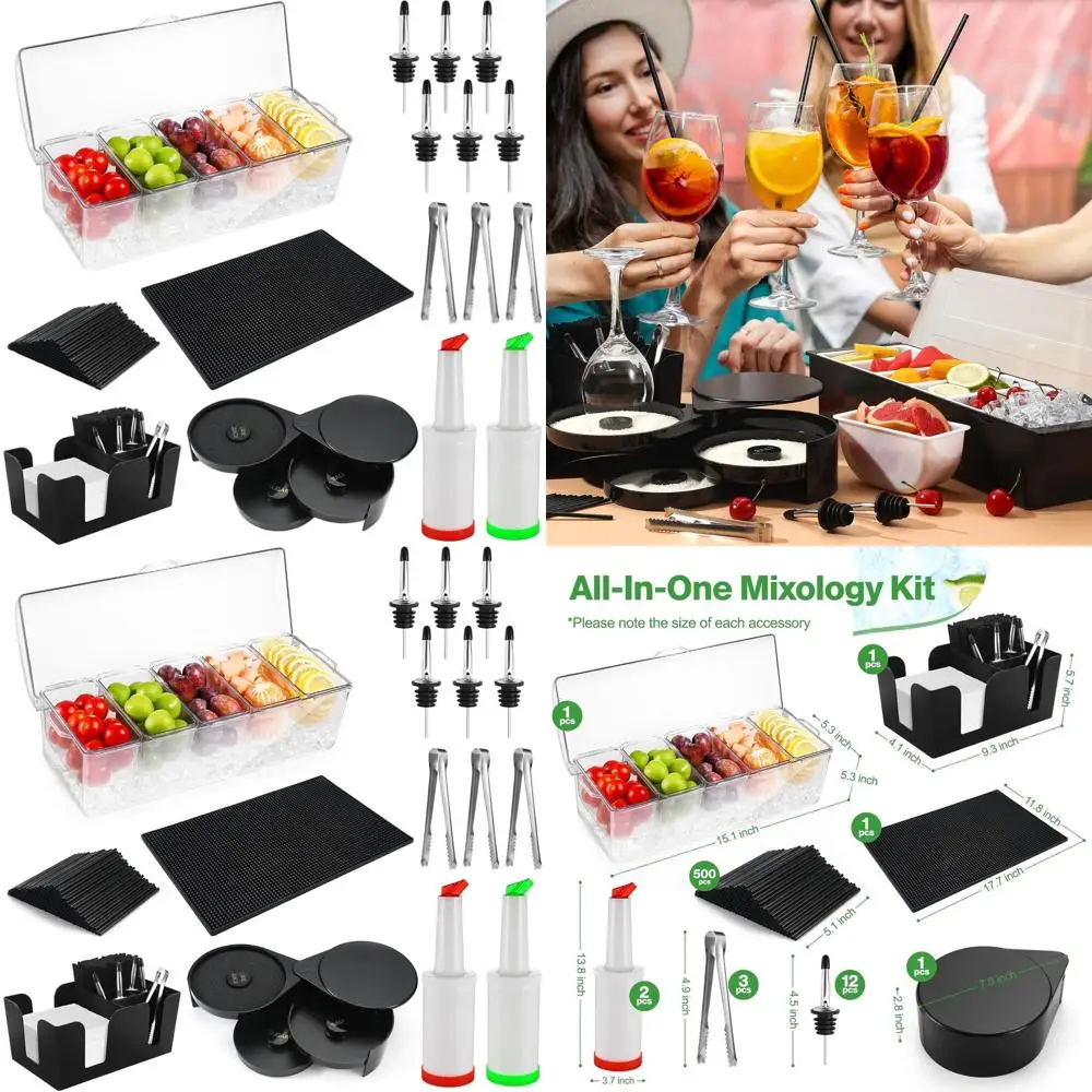 

Барный коврик 18x12 дюймов с крышкой, 3-уровневый органайзер, поднос для приправ, крашер для края стаканов, 2 бутылки для сока, мини-щипцы, 12 дозаторов для напитков, 500 соломинок