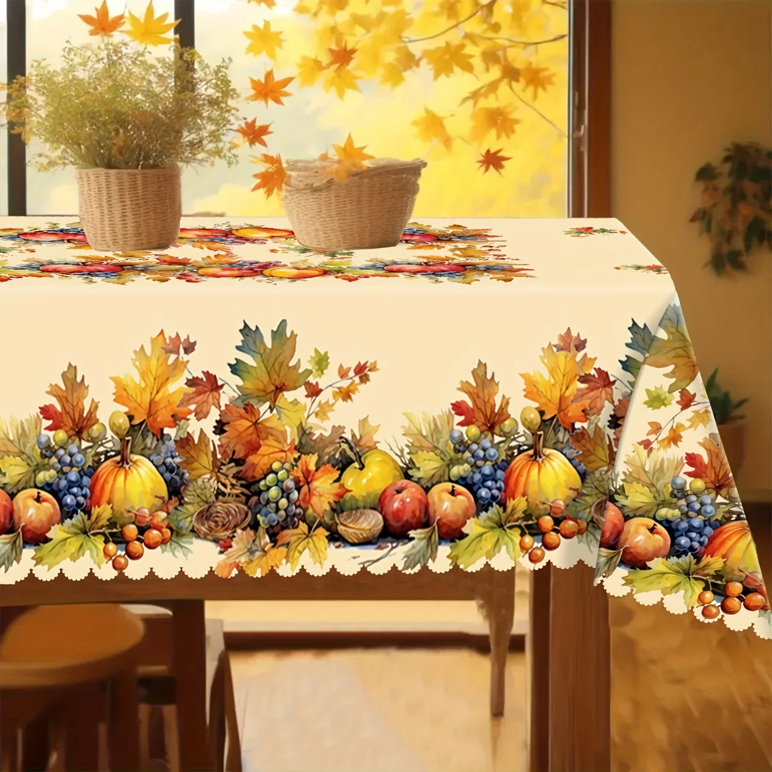 Thanksgiving-themed watercolor style tablecloth, abundant pumpkins, grapes and applesxzj