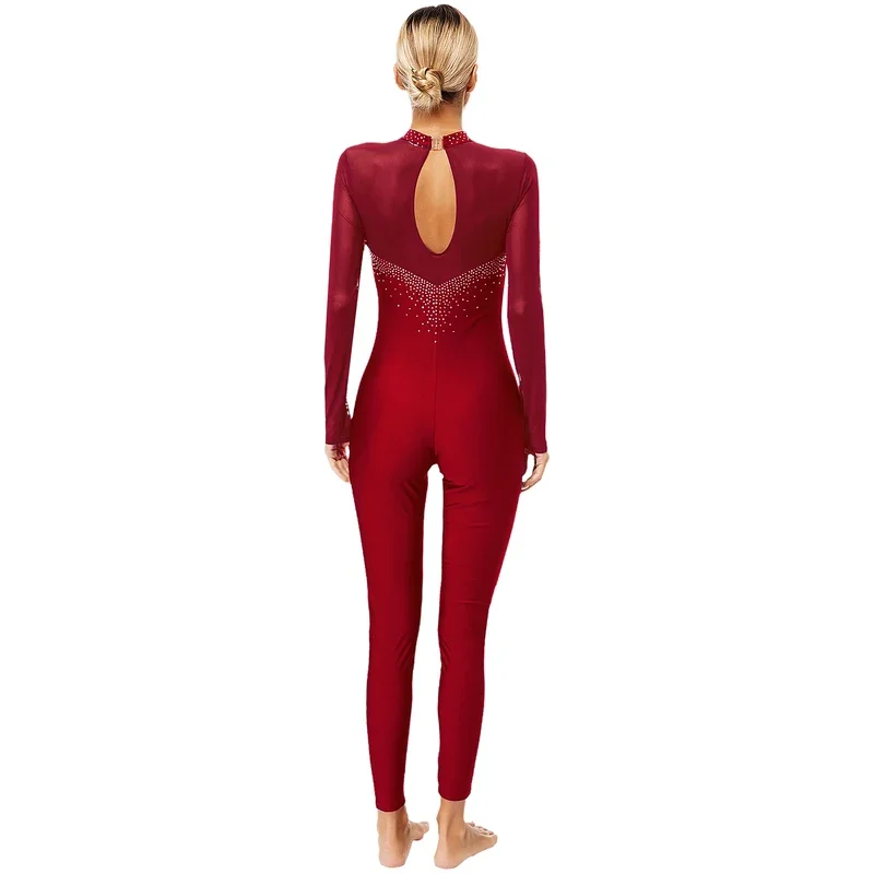 Womens Figure Skating Jumpsuit Ballet Dance Gymnastic Acrobatics Performance Costume Long Sleeve Rhinestones Sheer Mesh Bodysuit