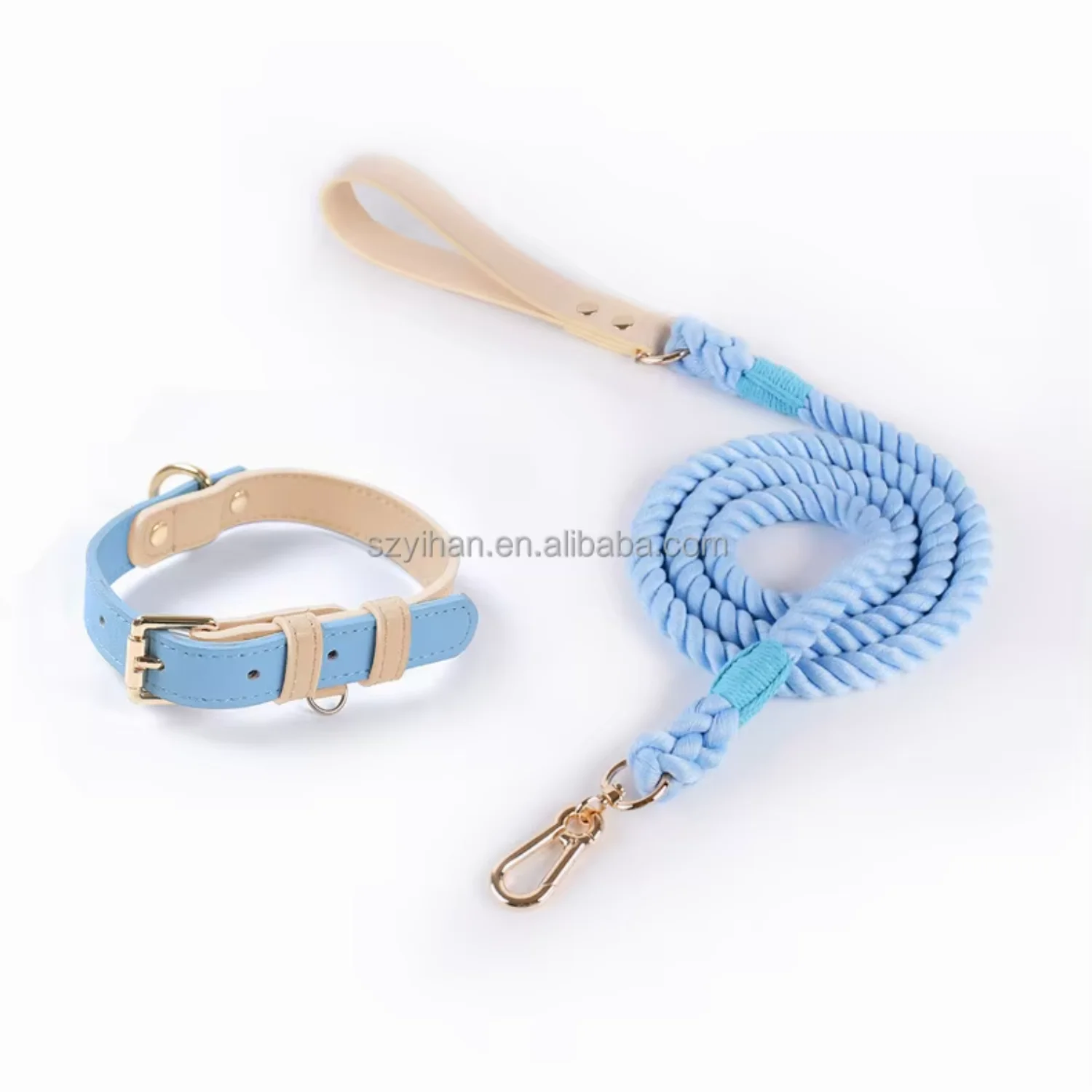 Pet Products Dog Collar Leash Genuine Leather and Cotton Rope Pet Leash Collar Dog Accessories Retail and Wholesale