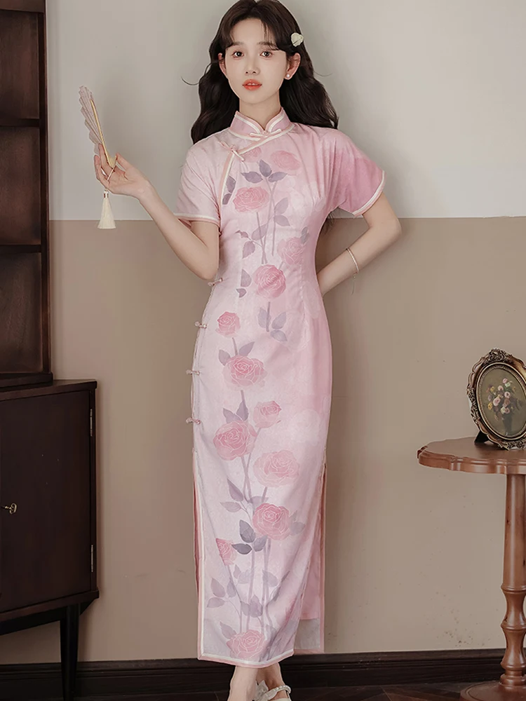

2024 Pink Floral Short Sleeve Cheongsam Dress Women Korean Vintage Luxury Dance Party Dress Summer Elegant Bodycon Evening Dress