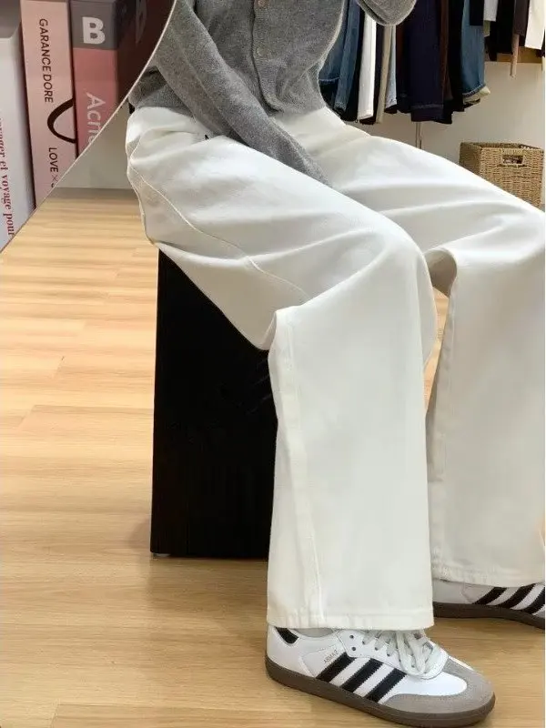 White Wide Leg Straight Cut Jeans Women's High Waist Loose Fitting Slimming Long Trousers plus Size Spring New Style