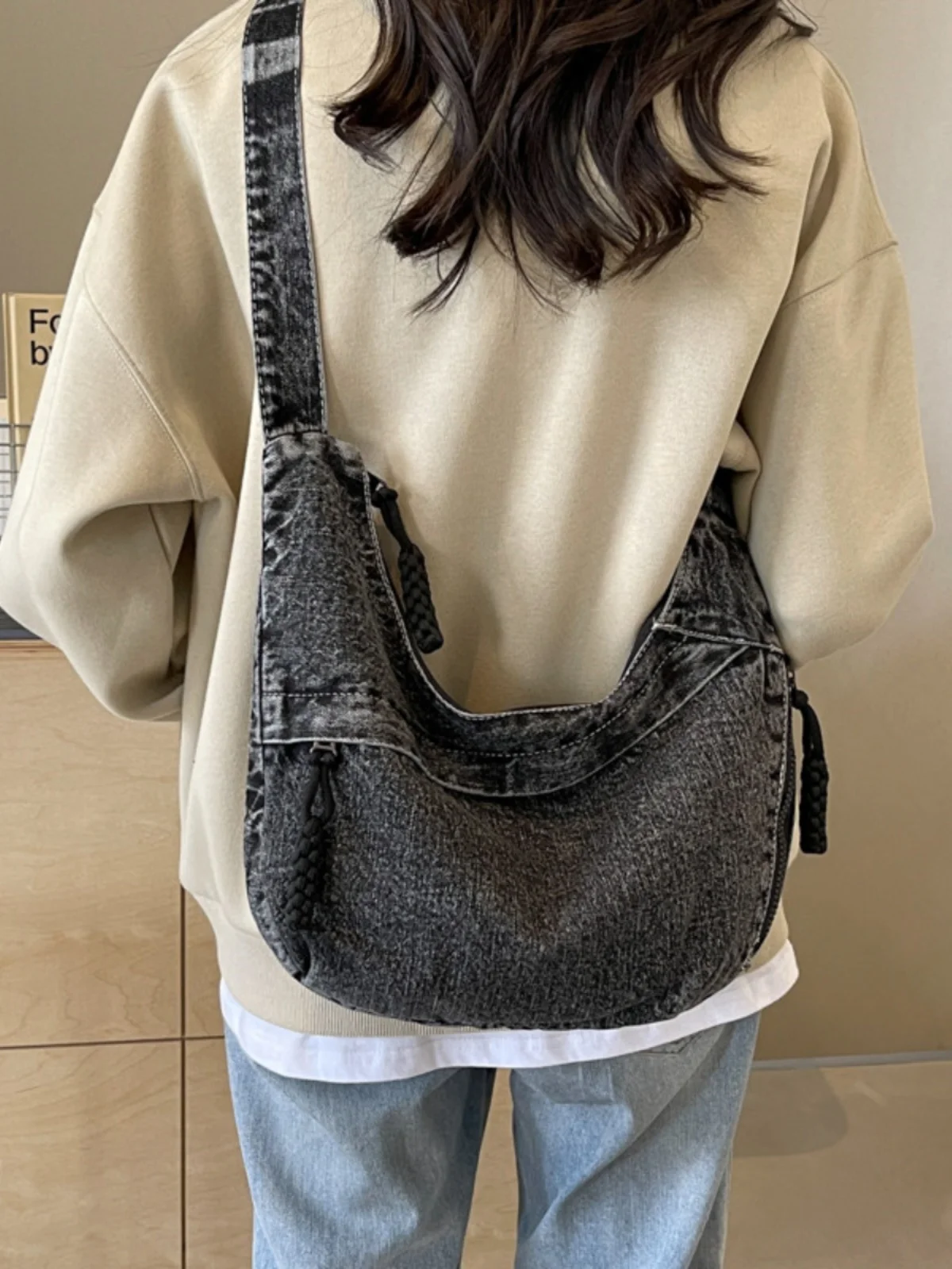

Street Sle Korean Version Single oulder Bag Casual Simple Faion 2024 New Denim Women's Bag Zipper Closure Soft Polyester