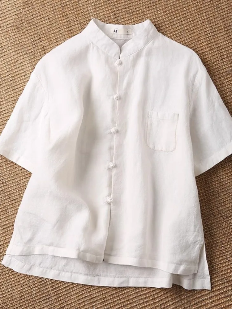 

Китайская женская летняя рубашка-танк-топ из хлопка и льна с воротником дзен, повседневная, для офиса, приталенная, белая