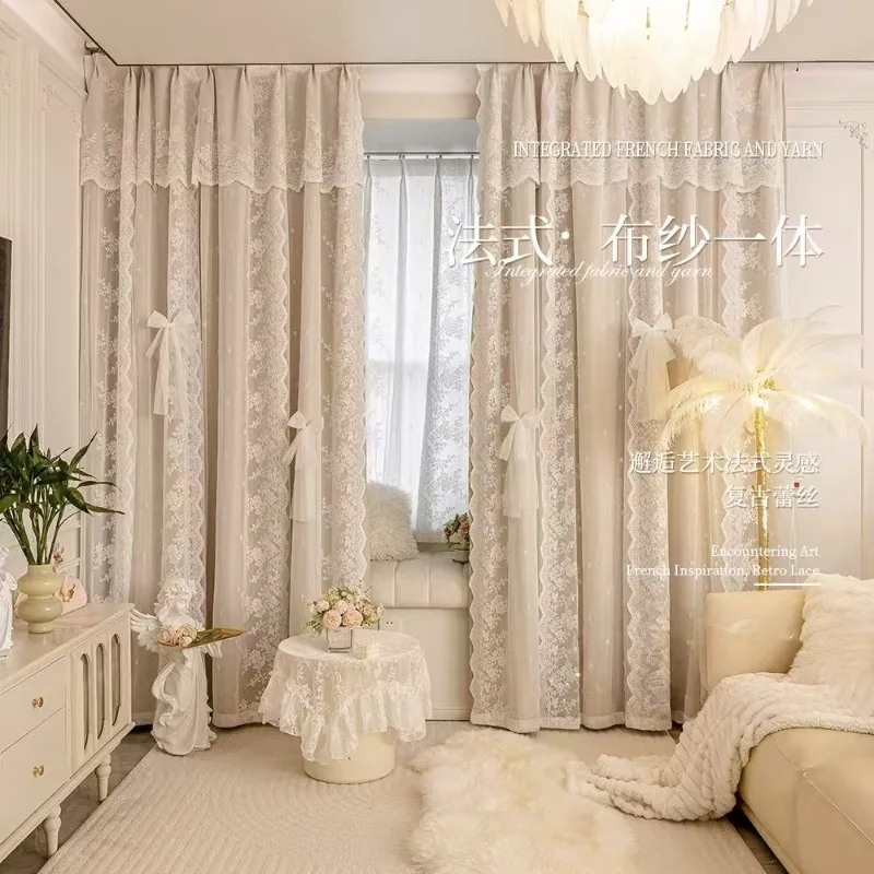 French Romantic Luxury Double-Layer Curtains for Living Dining Room Bedroom Thickened Blackout Retro Lace Cream Custom Size
