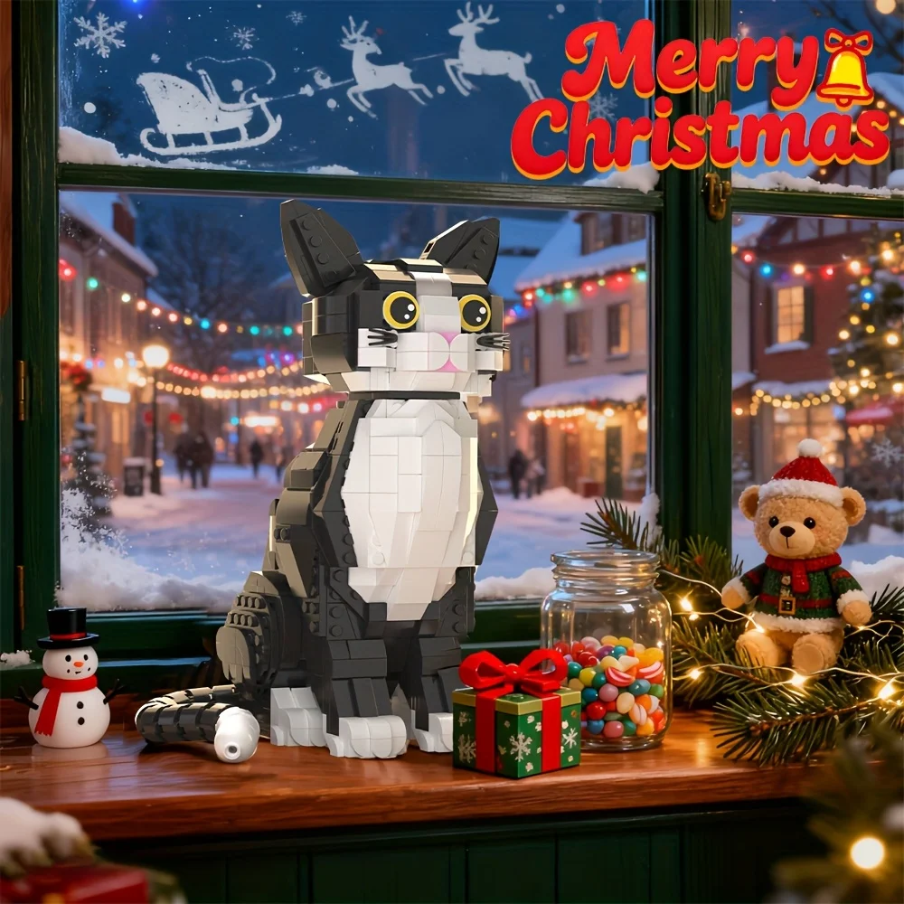 

Christmas Cat Building Block Toys, Tuxedo Cat and Cow Cat Figurines, Stacking Block Toys, Perfect Gift DIY Pet Cat Handmade Blocks Suitable for Gifting