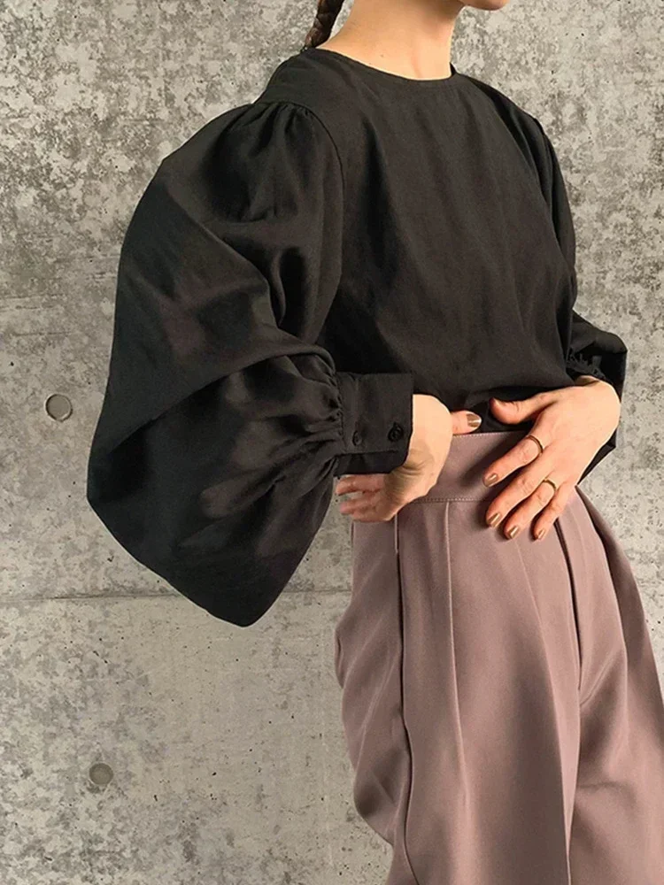 Estilo japonês senhora do escritório elegante blusa vintage feminino o pescoço solto lanterna manga camisas sólida all-amtch blusas outono senhoras topo