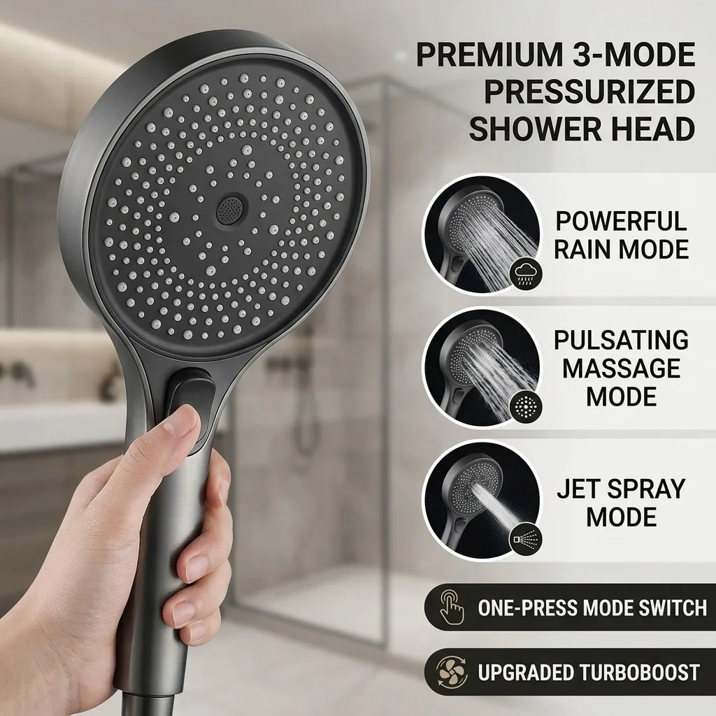

Handheld Shower Head, High Pressure, 3 Modes Pulse Rain Power Rinse, Large Screen, Adjustable Flow, Water Saving, Eco Friendly