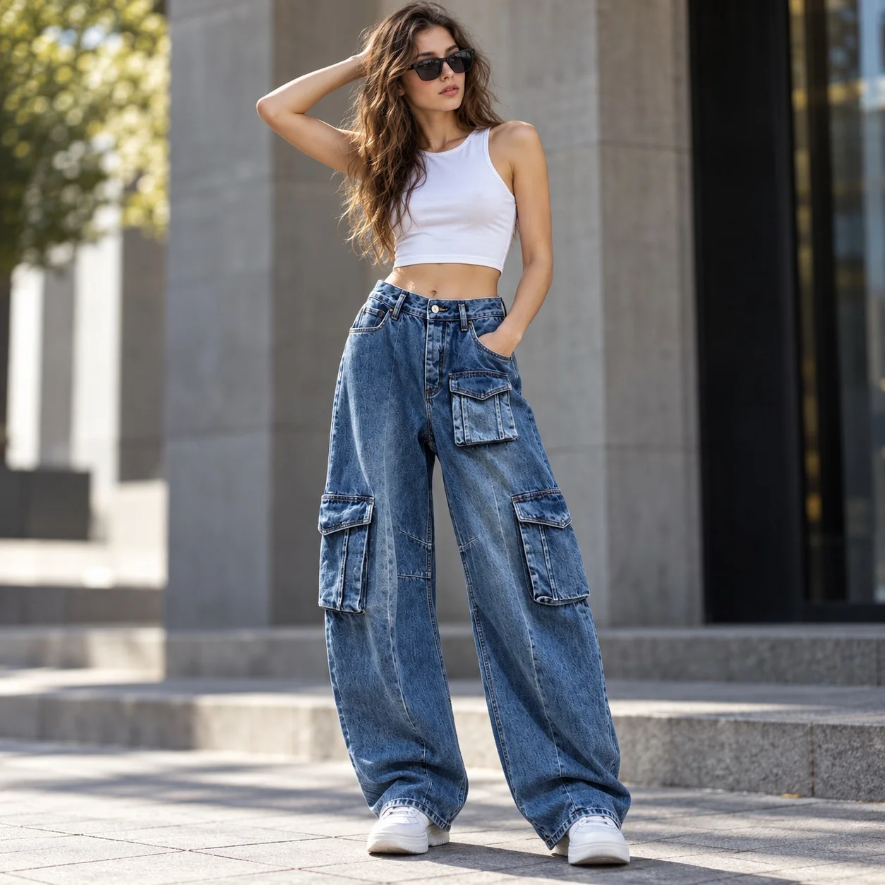 Pocket Loose Fit Jeans Mid Waist Cargo with Full Length Washed Finish No Stretch Women Pants Regular Thickness Distressed