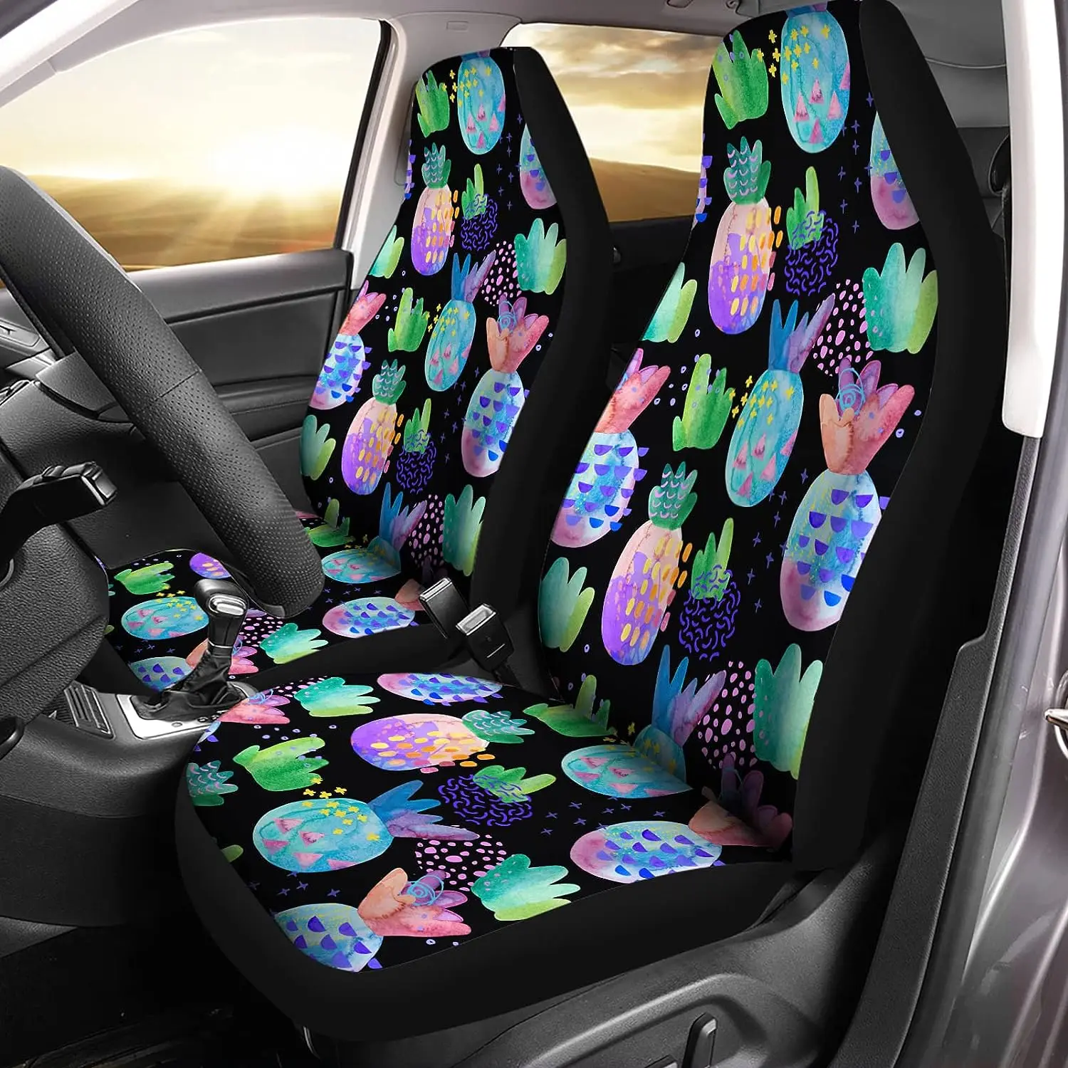 Colorful Pineapple Print Women Men Car Seat Covers 2pcs Back Seats Protector Front Seats Only Fit Most Vehice Seat Cushion