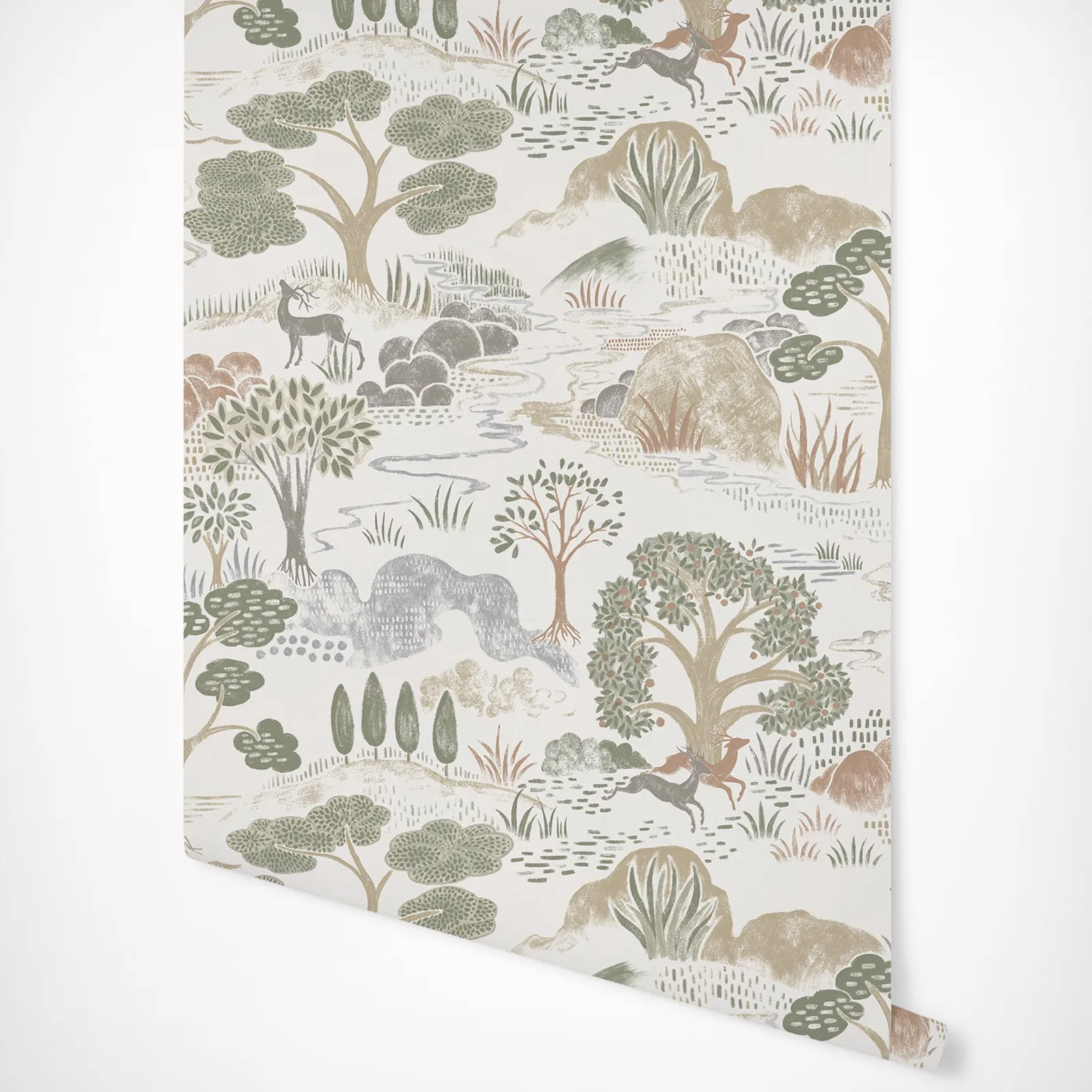 Hand Drawn Beautiful, stylized landscape Wallpaper with wild plants and animals in naturalistic olive green