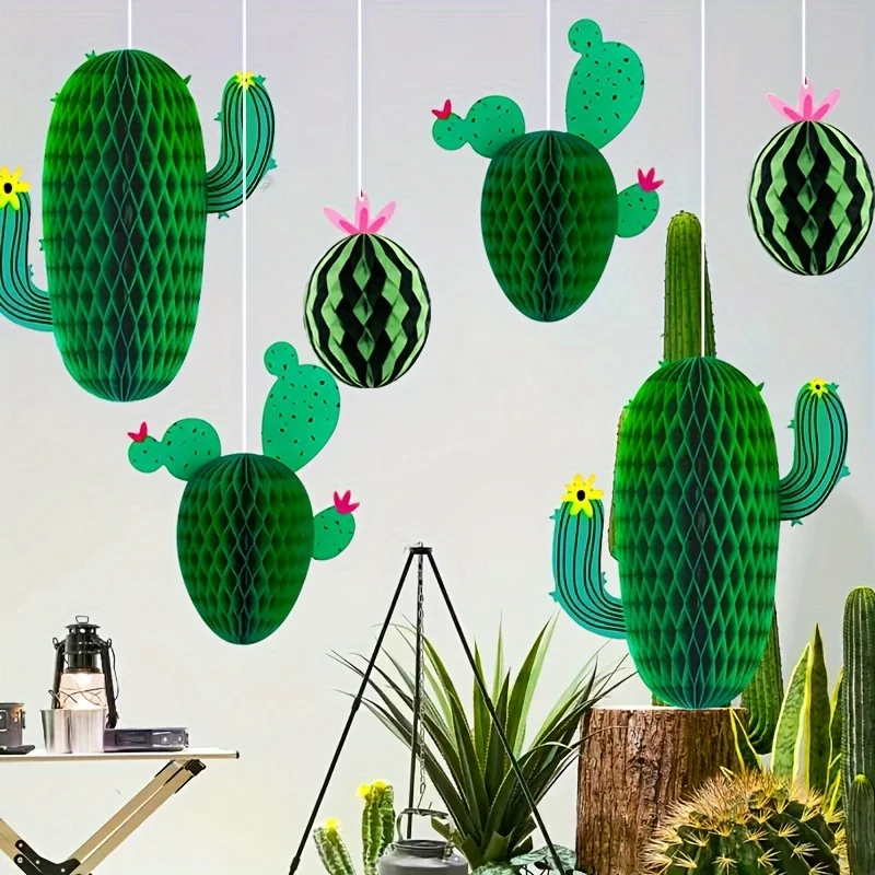 Paquet de 3 pompons en tissu Cactus, décorations suspendues en nid d'abeille en papier, décoration de fête à thème hawaïen, fournitures festives pour célébrations