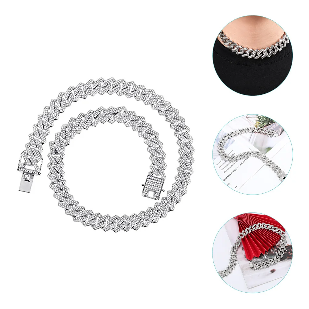 

Rhinestone Cuban Link Chain Necklace Alloy Material Durable Lightweight Stackable for Vintage Theme
