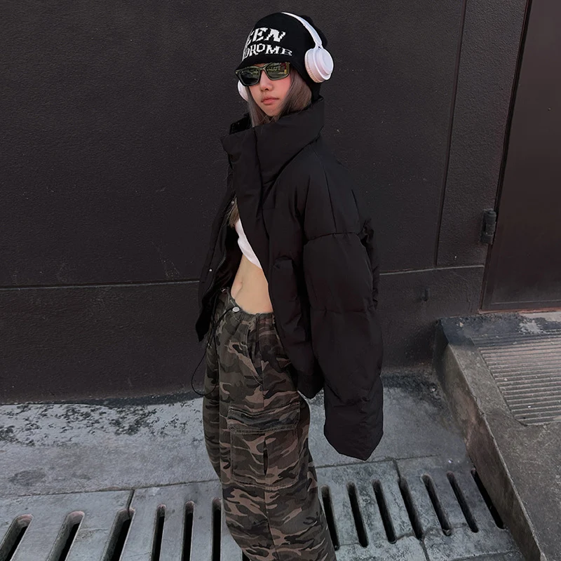 الاتجاه الأمريكي سترات قصيرة النساء Y2K الهيب هوب الوقوف طوق أسفل سترة قطن شتاء جديد المتخصصة تصميم رشاقته مبطن ملابس خارجية #5