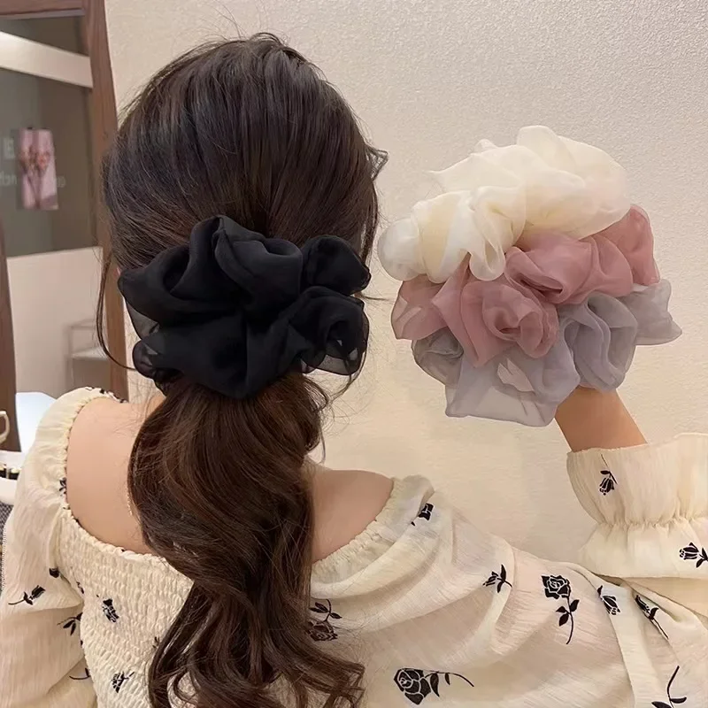 Fashion Organza Big Scrunchies for Women Summer Solid Color Ponytail Holder Elastic Hair Bands Headwear Choucou Cheveux Femme