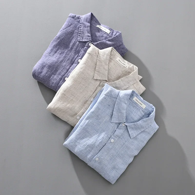 Japanese Yarn-dyed Pure Linen Men's Shirts Spring Summer Daily Casual Shirts Breathable Beach Long Sleeve Top Vintage Shirt Men