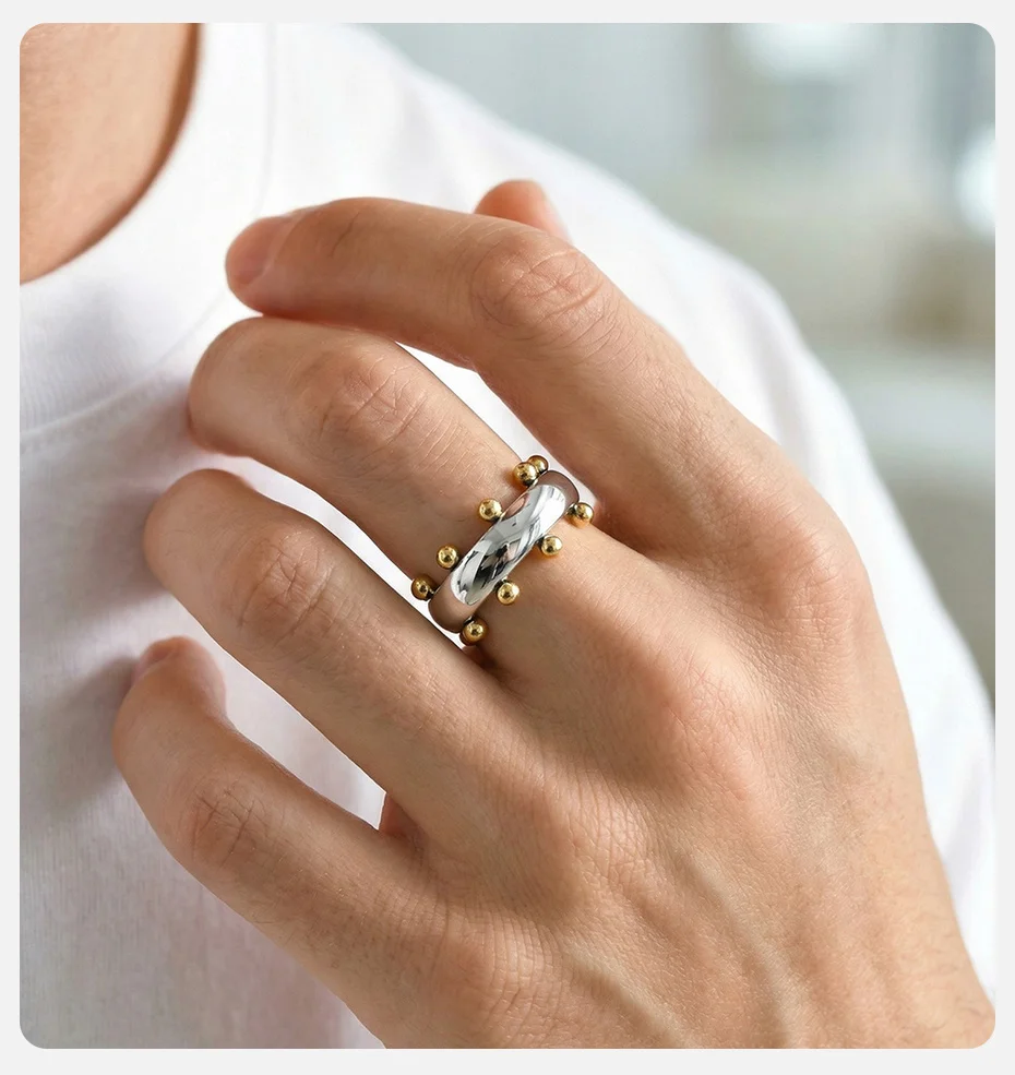 Vnox Geometrischer Perlen-Fidget-Ring für Männer, Edelstahl Anti-Stress Angstlösender Fingerring, Punk Statement Schmuck Geschenk Neu – Detail 5