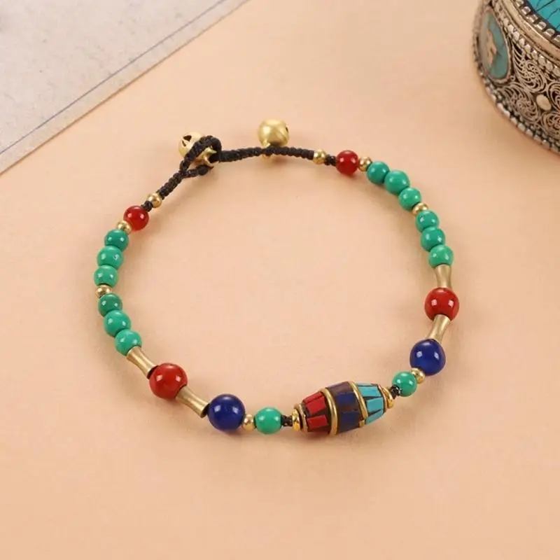A52E Traditional Handcrafted Tibetan Beaded Bracelet Combining Turquoise Stones and Copper for Stylish Accessory