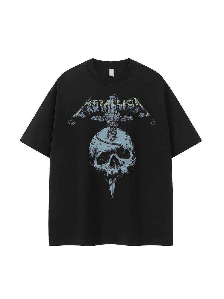 Retro American Street Style Metal Band T-Shirt Dark Skeleton Rock Short Sleeve Grey Cotton Breathable Casual round Neck Top