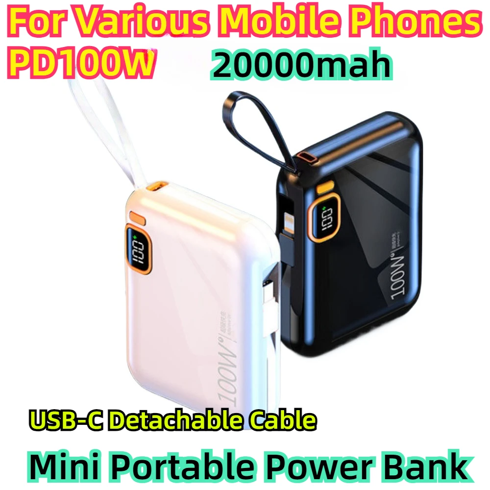 For Various Mobile Phones PD100W 20000mAh Mini Portable Power Bank, USB-C Detachable Cable, Bidirectional Fast Charge，