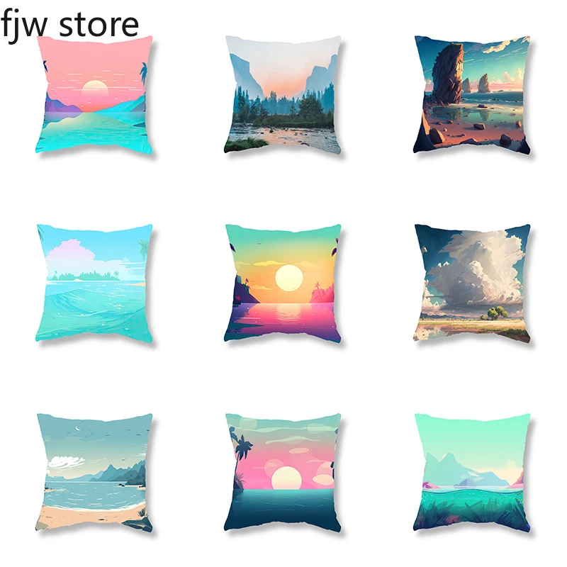 

Beach Sunset Anime Scenery Pillow Cover Sofa Room Bedside Office Seat Cushion Children's Home Decoration