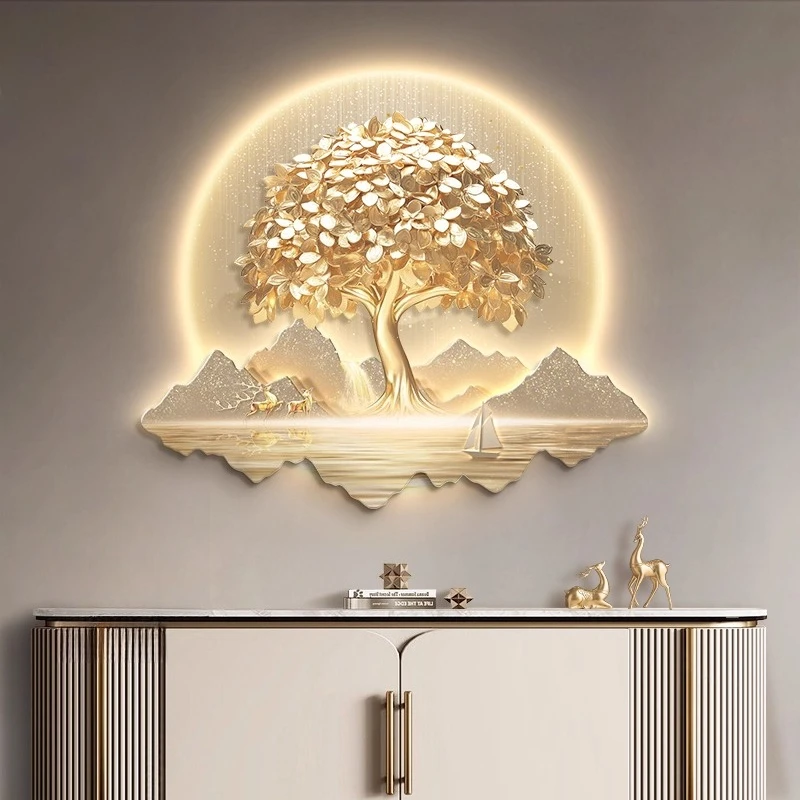 Chinese Style Entrance Hall Money Tree Decorative Painting 3D Living Room Mural Lamp Corridor Wall Decoration LED Light Painting