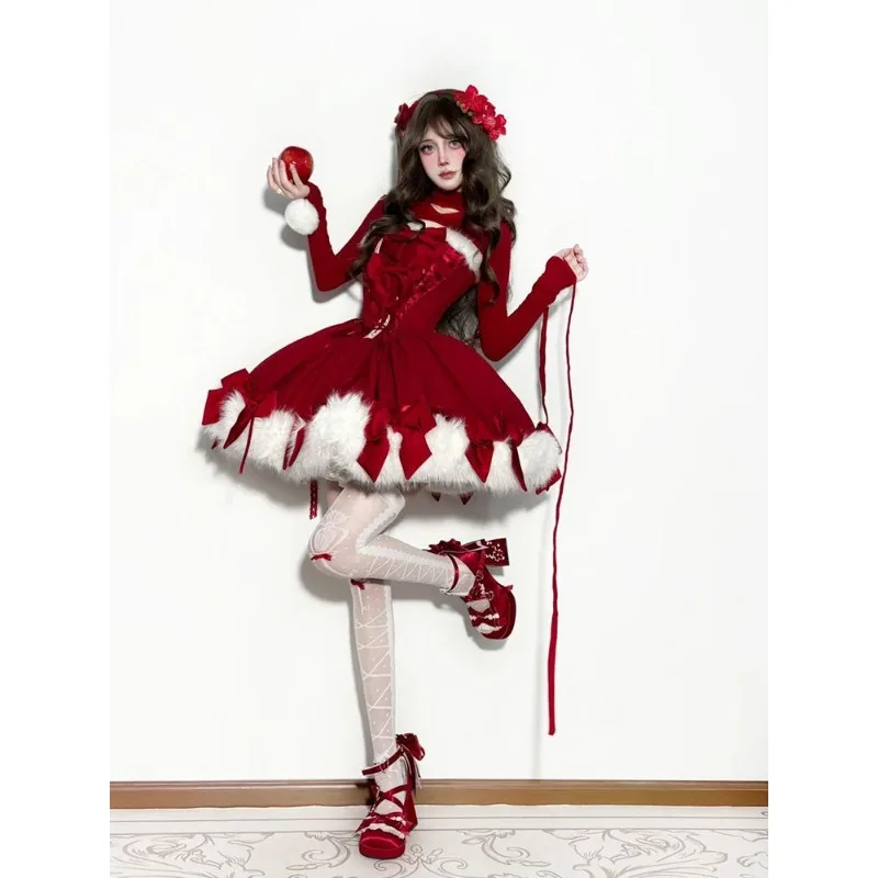 Women Christmas New Year 2 Piece Outfit Red Hooded Cape Coat + Bow Decor Slim Long Dress Set Sweet Winter Holiday Party Costume