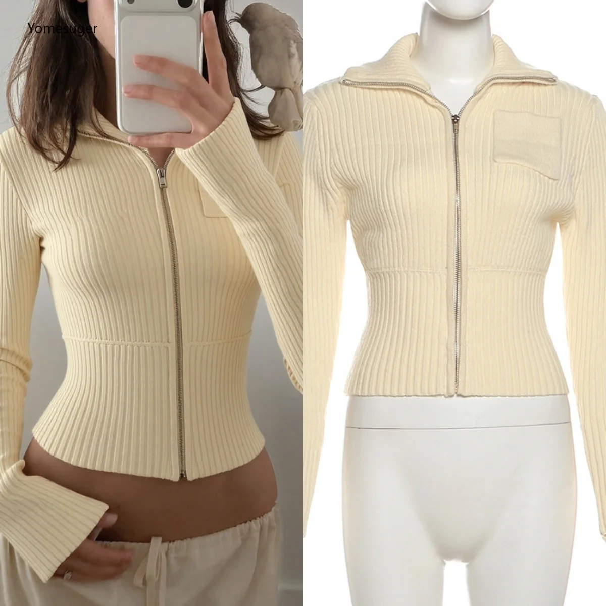 

Yomesugar Fashion Sweater Cardigan Women Hipster Lapel Zip Pocket Full Sleeve Simple Warm Coat Casual Outerwear Streetwear