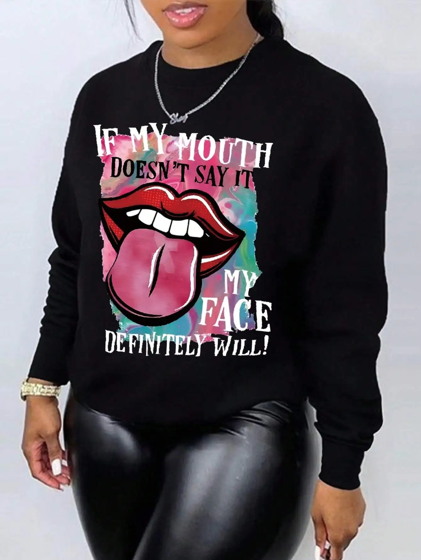 

Свитшот с принтом «Plus Lip & Slogan» и графическим дизайном, с открытыми плечами, для выпускного, к школе, для выпускников, для учителей, для женщин