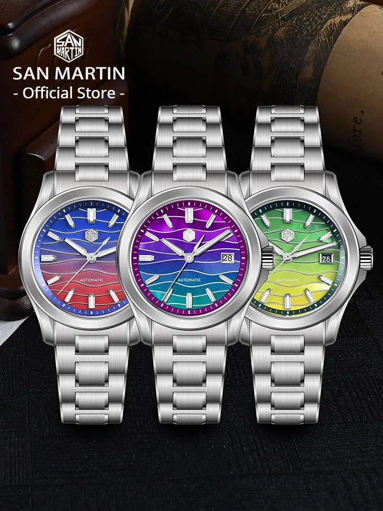 นาฬิกาข้อมือผู้ชาย San Martin รุ่นใหม่ ขนาด 39 มม. หน้าปัดไล่เฉดสี MOP พร้อมกลไกอัตโนมัติ Miyota 9015 กันน้ำลึก 100 เมตร รุ่น SN0150