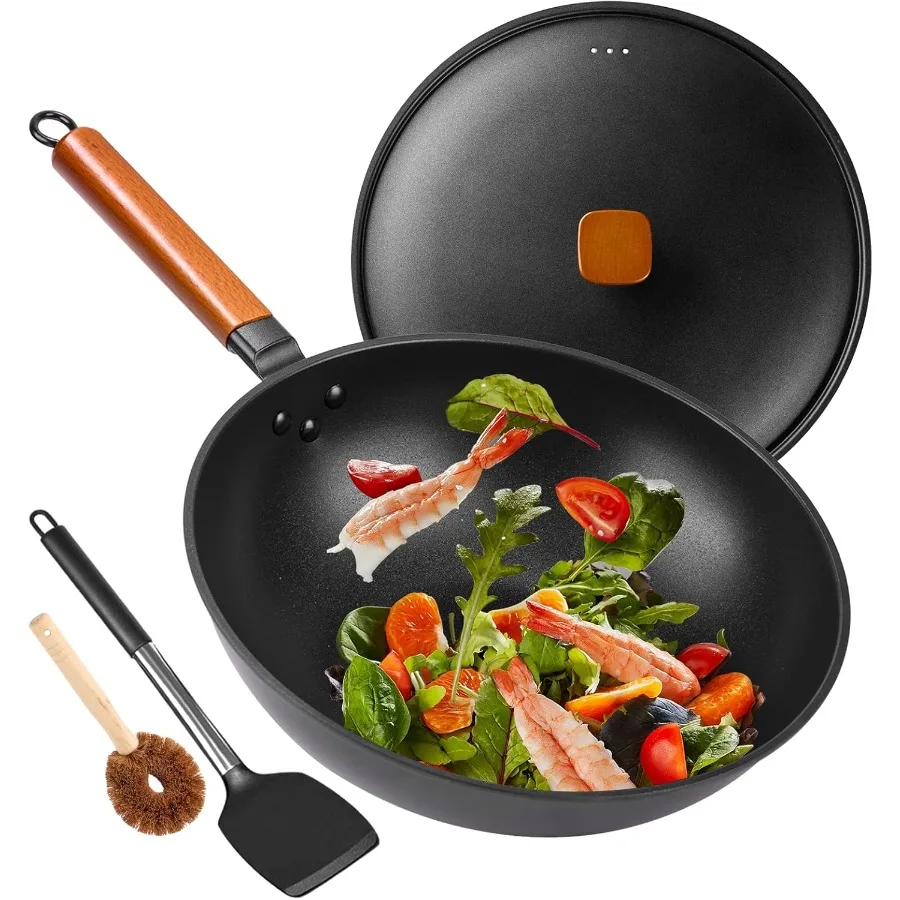

Сковорода вок из углеродистой стали 12,9 дюйма Сковороды для жарки и жарки с антипригарным покрытием и лопаточкой: вок с плоским дном для электрических индукционных и газовых плит