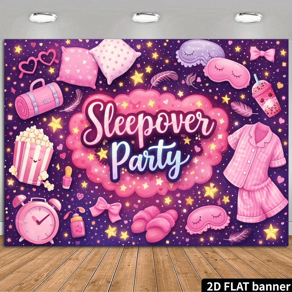 Sleepover Party Tapestry - Pink Pajama Wall Art, Popcorn Pillow Decor, Girls Bedroom Hanging, Polyester, Multiple Sizes