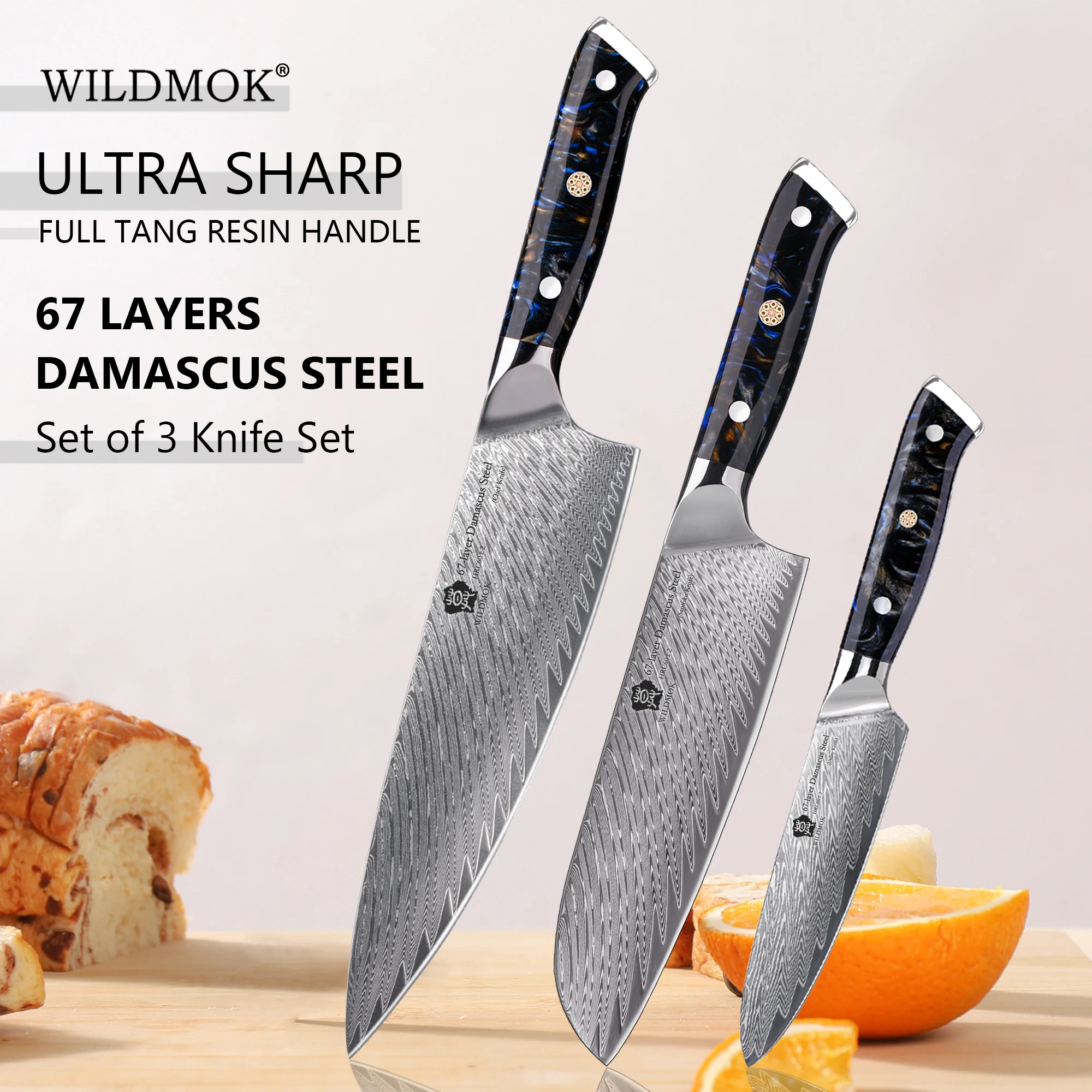 WILDMOK 3 PCS  Kitchen Knife Set, 67 Layer VG10 Damascus Steel, Stylish Solid Resin Handle Multipurpose Home Chef Knives