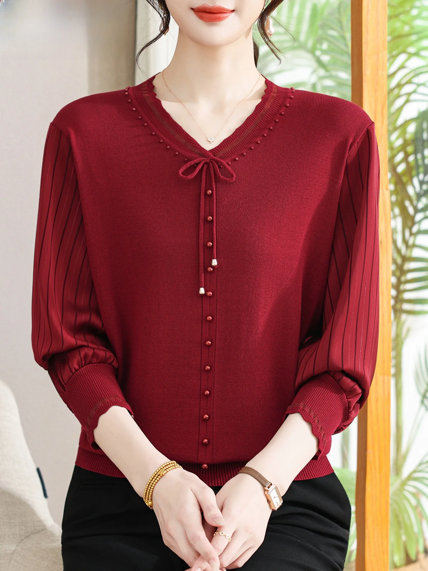 

Весенний вязаный топ из ледяного шелка для женщин среднего и старшего возраста, удобный, свободного кроя, в корейском стиле, с круглым вырезом