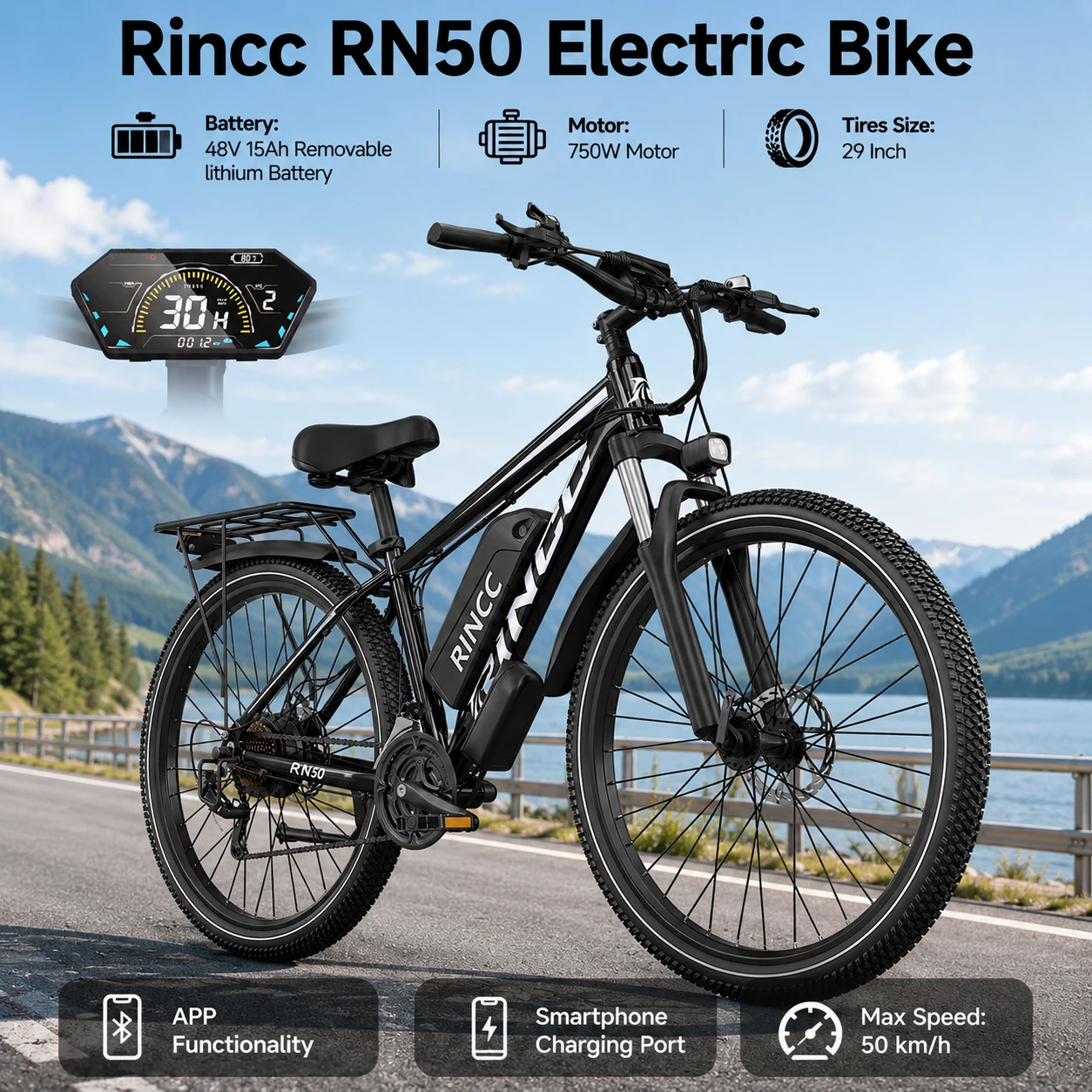 Image of Elektrofahrrad für Erwachsene, 48V15Ah, herausnehmbarer Lithium-Akku, 750W, 29-Zoll-Reifen, 21-Gang-Schaltung, Höchstgeschwindigkeit 50 km/h, Ladeanschluss für Mobiltelefone, mit Smart-App,