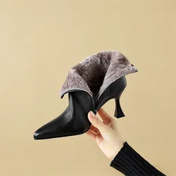 New Winter Genuine Leather Women Boots Shoes for Women Short Boots Pointed Toe Women Shoes Botines Mujer High Heels Ankle Boot
