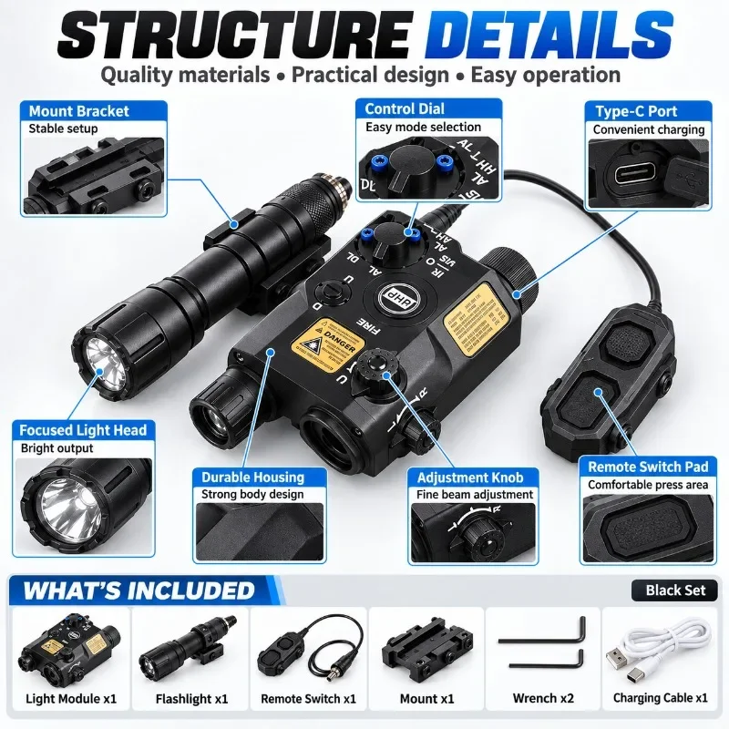 PEQ-15 Style LED Illuminator with Strobe, Green & Red Beam, Rail Adapter, Internal Battery, Outdoor Toy Gel Blaster Part