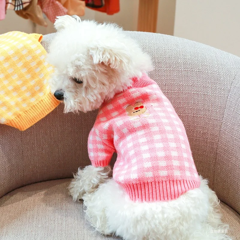 1PC Pet Clothing Cat Pink Plaid Rabbit Autumn and Winter Thickened Warm Knitted Sweater Suitable for Small and Medium sized Dogs