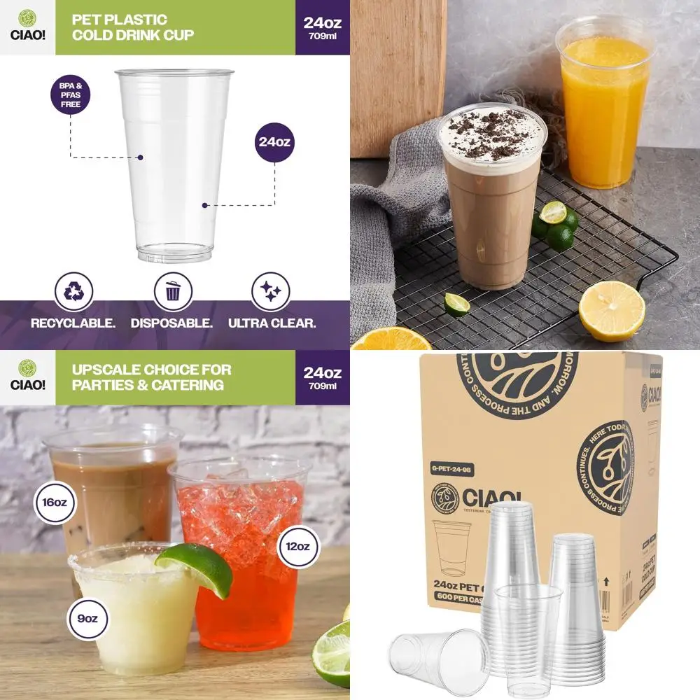 

Пластиковые стаканы для напитков из ПЭТ, 24 унции, идеально подходят для смузи, холодного кофе и других холодных напитков, диаметр 98 мм (упаковка 600 шт.)