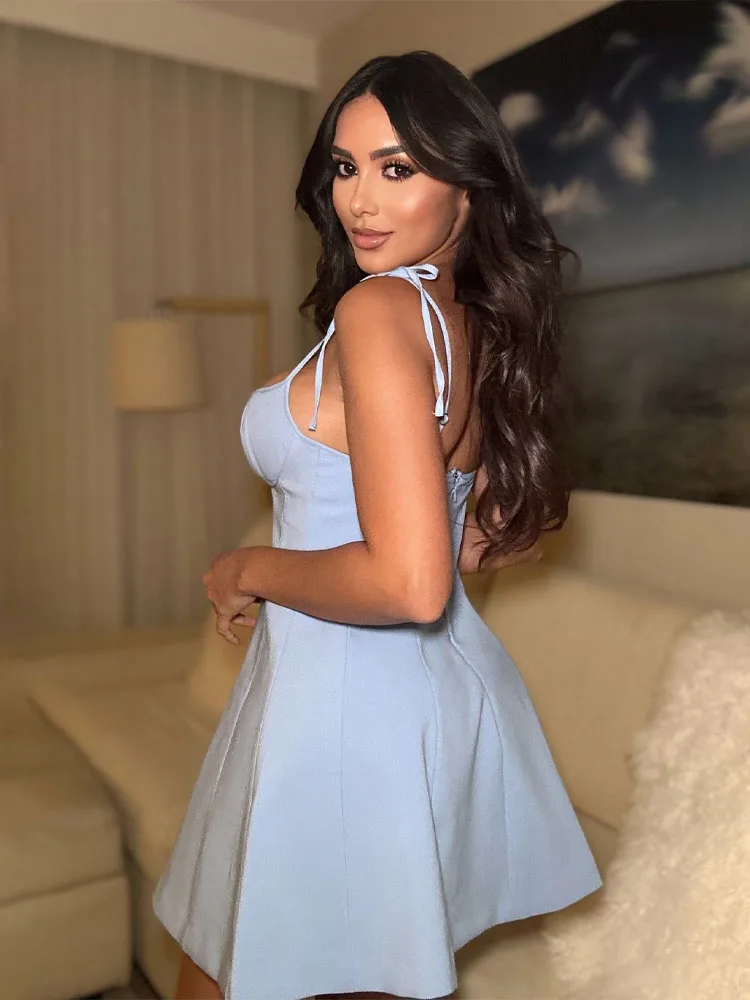 HH dames zomer nieuwe zoete mode blauwe strik decoratieve korte jurk vrouwelijke sexy elegante mouwloze backless sling mini-jurk