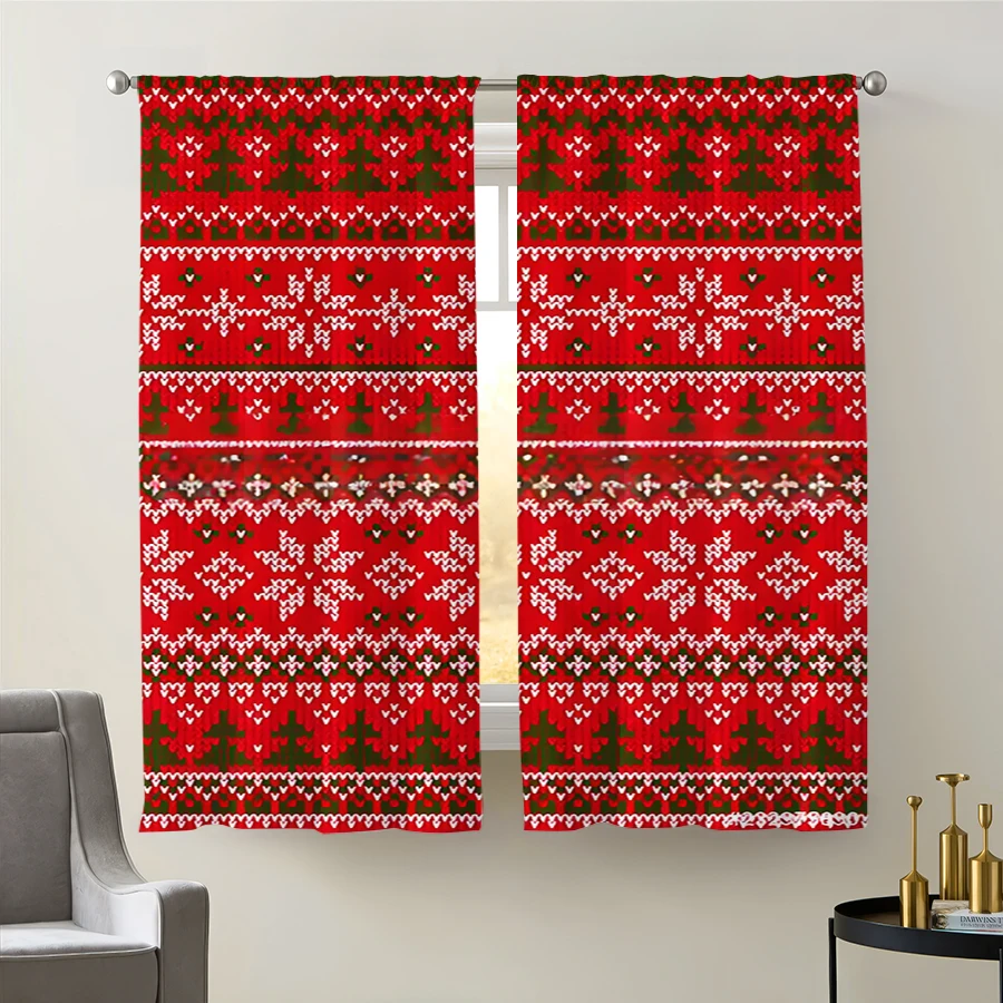 2PCS Christmas Curtains, Red Fair Isle Trees, Digital Print, Bedroom Living Room Kitchen, Rod Pocket Polyester, Home Decor