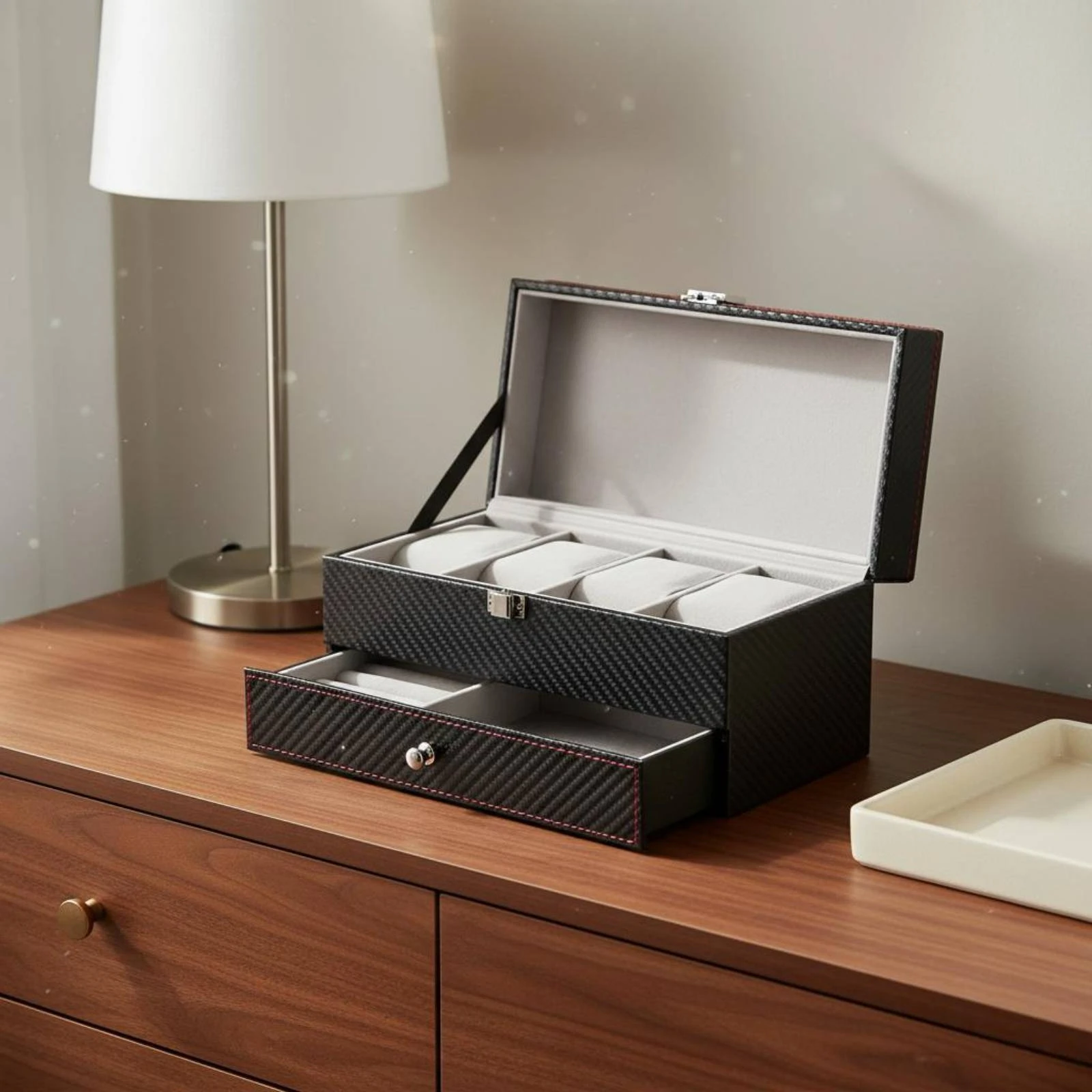 Double-Layer Watch Box Pull-out Drawer Watch and Jewelry Box Double Layer Organizer Padded Slots Carbon-Fiber Look