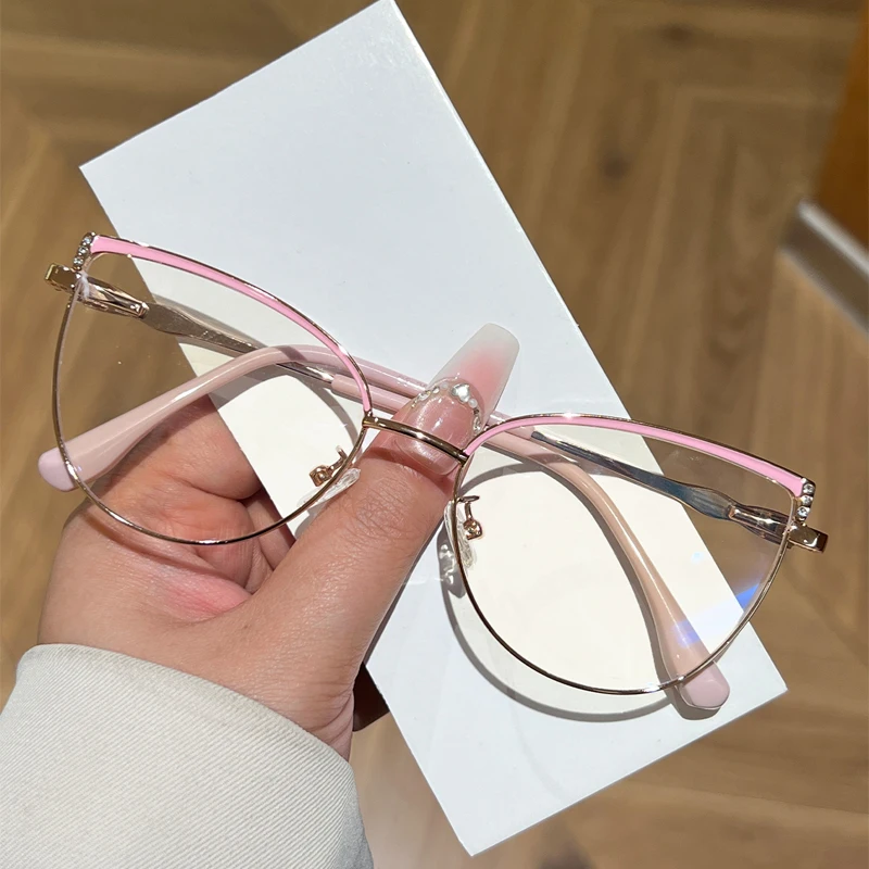KAMMPT Cat Eye Glasses with Rhinestones Women Fashion Blue Light Blocking Optical Frames Trendy Vintage Metal Rim Decor Eyewear