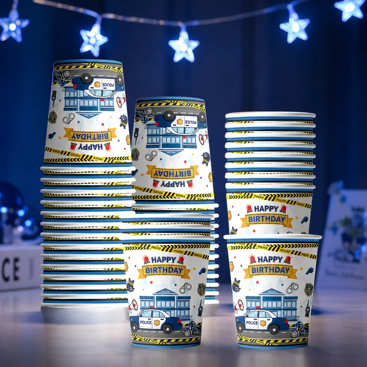 Police Car Print Disposable Paper Cups Kids Boys Happy Birthday Party Tableware, Policeman Police Station Pattern Drink Cups, La