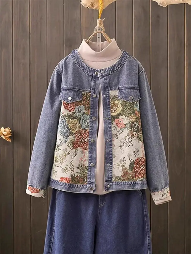 

Women's Chinese Style Embroidered Splicing Long Sleeve Collar Cowboy Jacket, Spring/Autumn Fashion Casual Short Coat Top G362