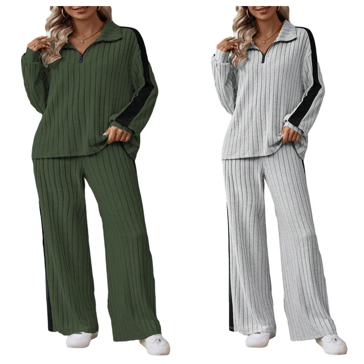 2 Pieces Set For Woman Long Sleeve Hooded Sweatshirt Wide Leg Pants Grey With Black Trim Women's Two Pieces Set Casual Autumn