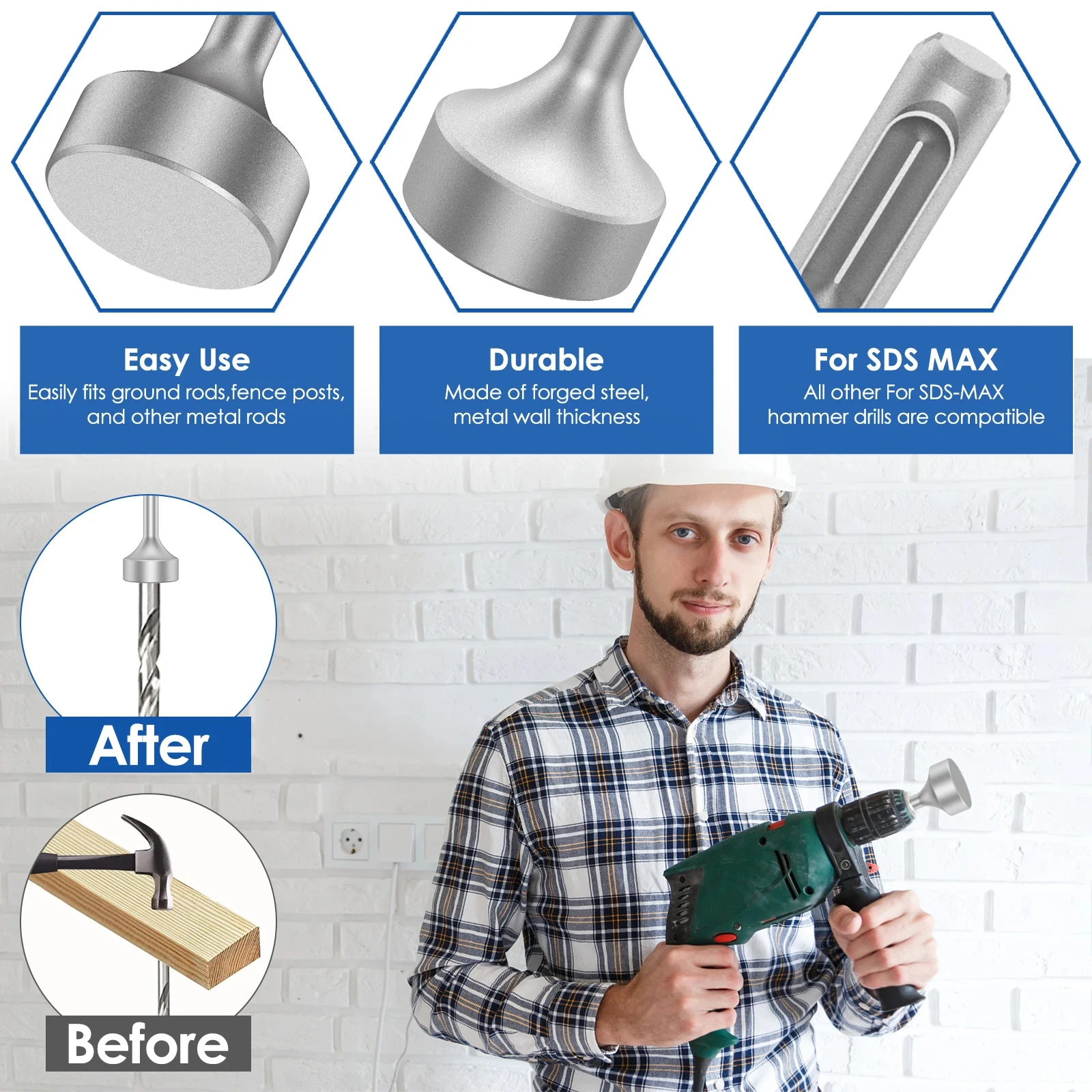 6 Size SDS Ground Rod Driver Steel Drill Bit Driver Wear Resistant Ground Rod Bits Socket for Rotary Hammer Drill Grounding Rod