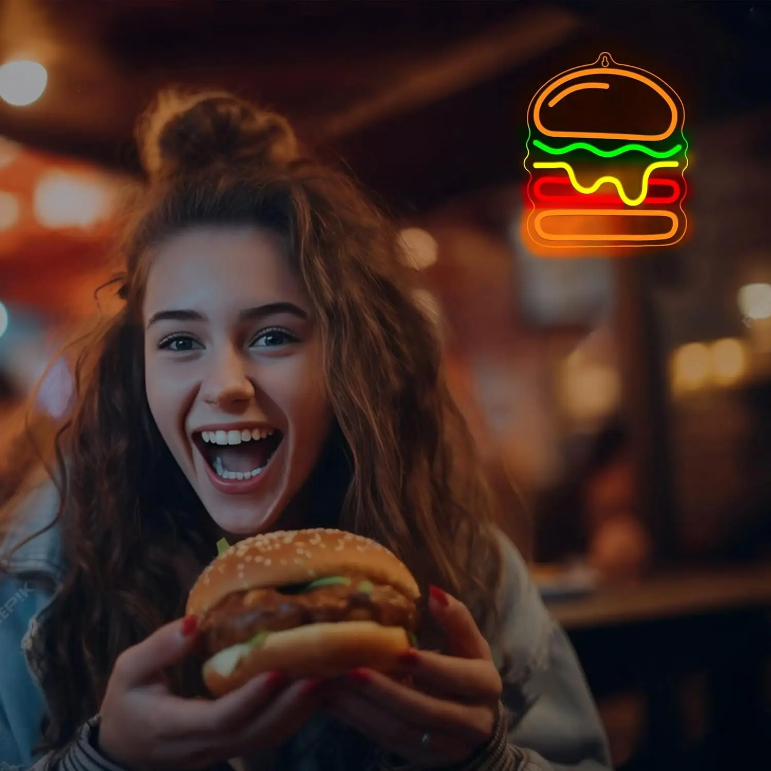 Burger Neon Sign with Layered Cheese LED Light for Fast Food Restaurant Bar Wall Decor Vibrant Home Kitchen Cafe Decor Gift Idea